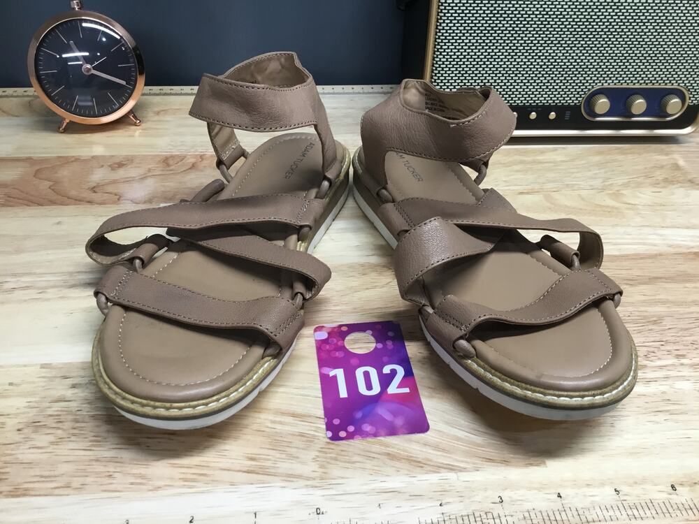 Adam Tucker Women's 10 Brown Leather Strappy Hook & Loop Casual Wedge Sandals